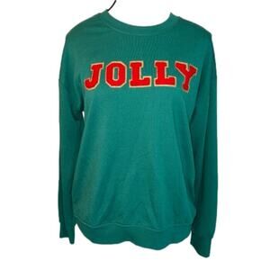 Philosophy Holiday Christmas Sweatshirt Green with Red Appliqué “Jolly” Size S